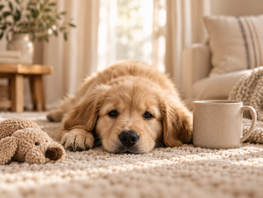 Golden retriever puppy settling into a calm new home