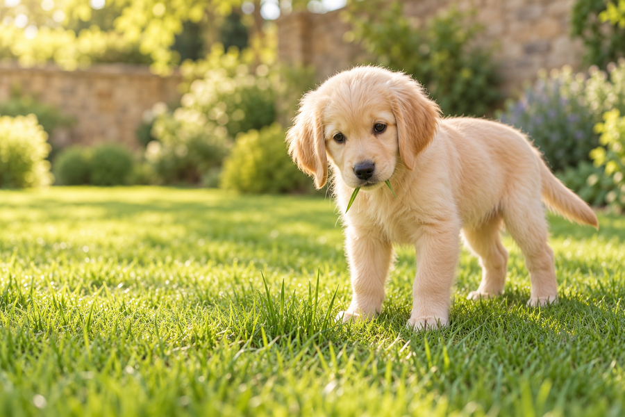 a puppy nibbling on grass outside