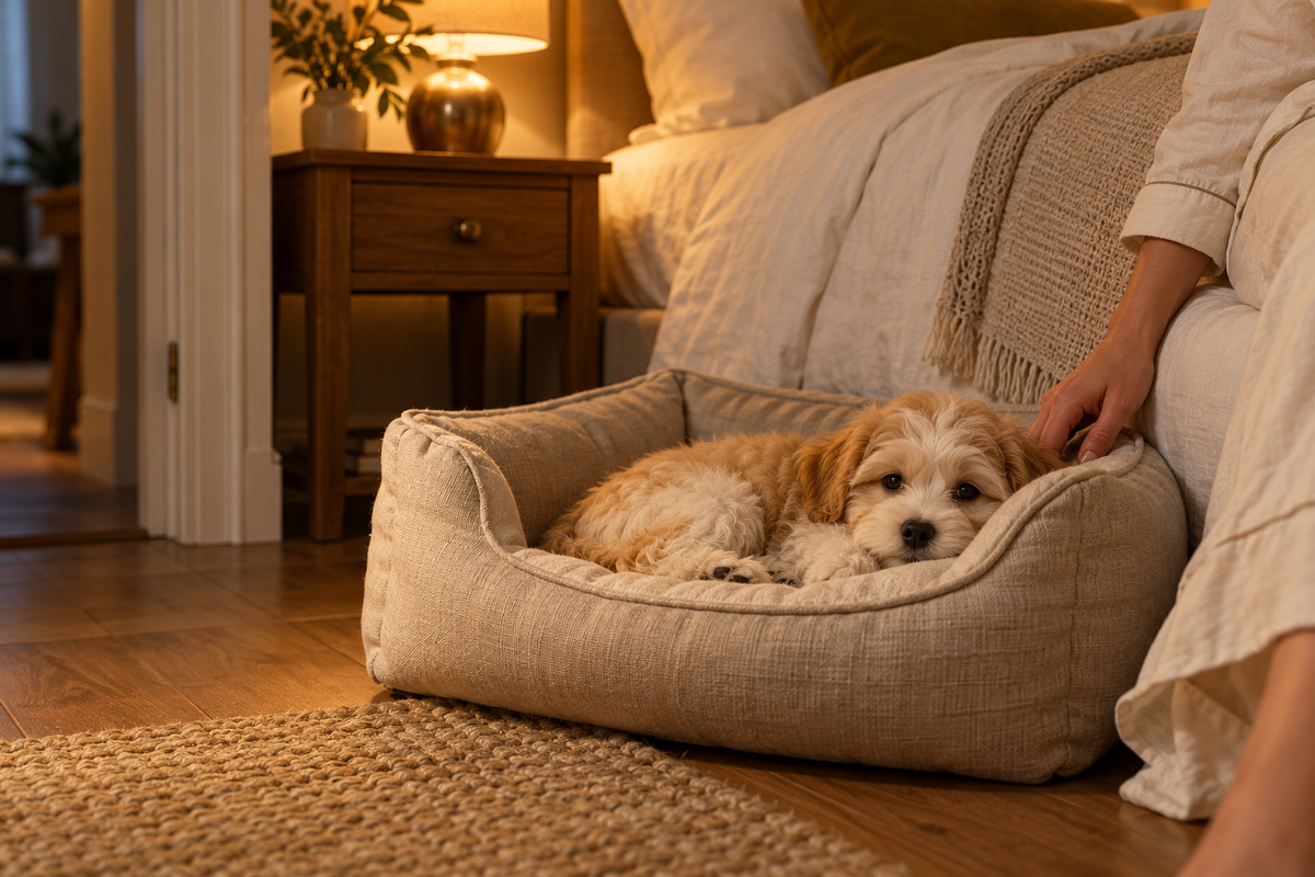 A young puppy resting in a linen dog bed beside its owner's bed in a softly lit bedroom.
