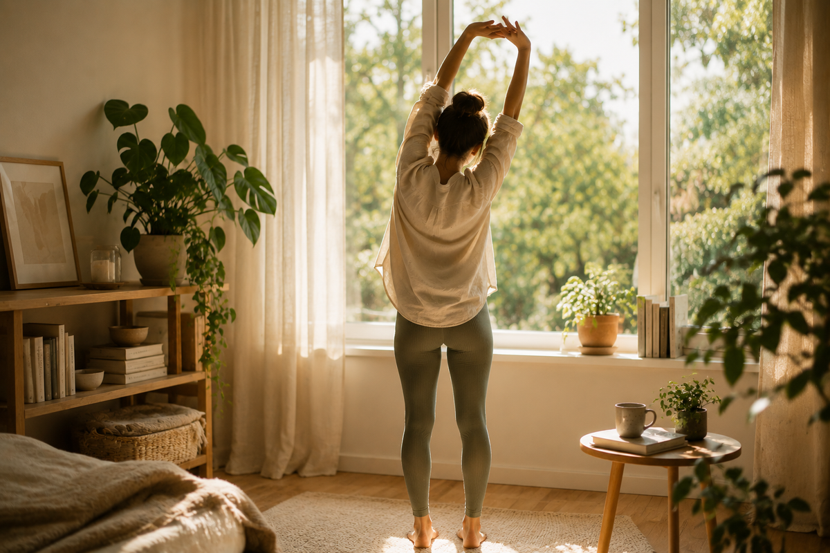 A woman stands with her back to the camera, stretching her arms overhead in a bright, sunlit room with large windows, plants, and a bed nearby.