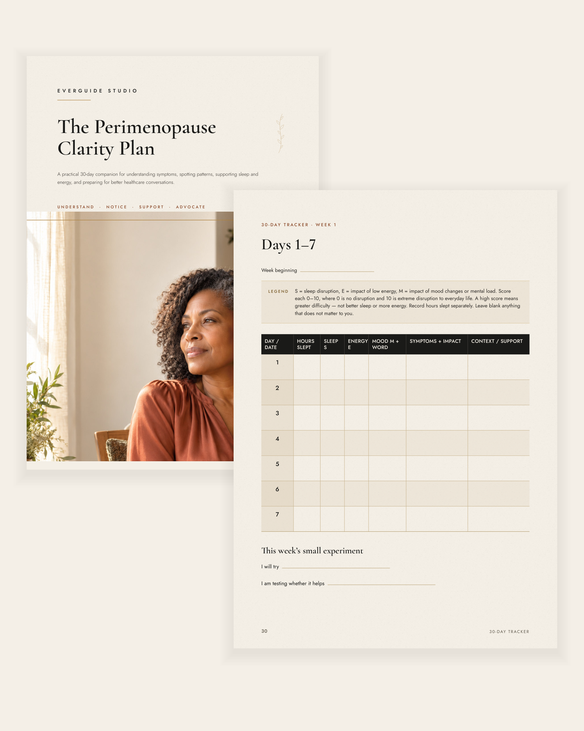 A clean flat-lay mockup of a planner or booklet titled 'The Perimenopause Clarity Plan' from Overdrive Studio, with one page showing a photo of a woman and another page showing a daily tracking table, on a warm off-white background.