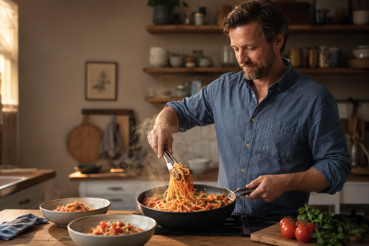 A man in a blue button-up shirt cooks spaghetti with tomato sauce in a black frying pan on a stove top in a warm, rustic kitchen. Two bowls of prepared pasta sit on the counter, and fresh tomatoes and parsley are visible in the foreground.