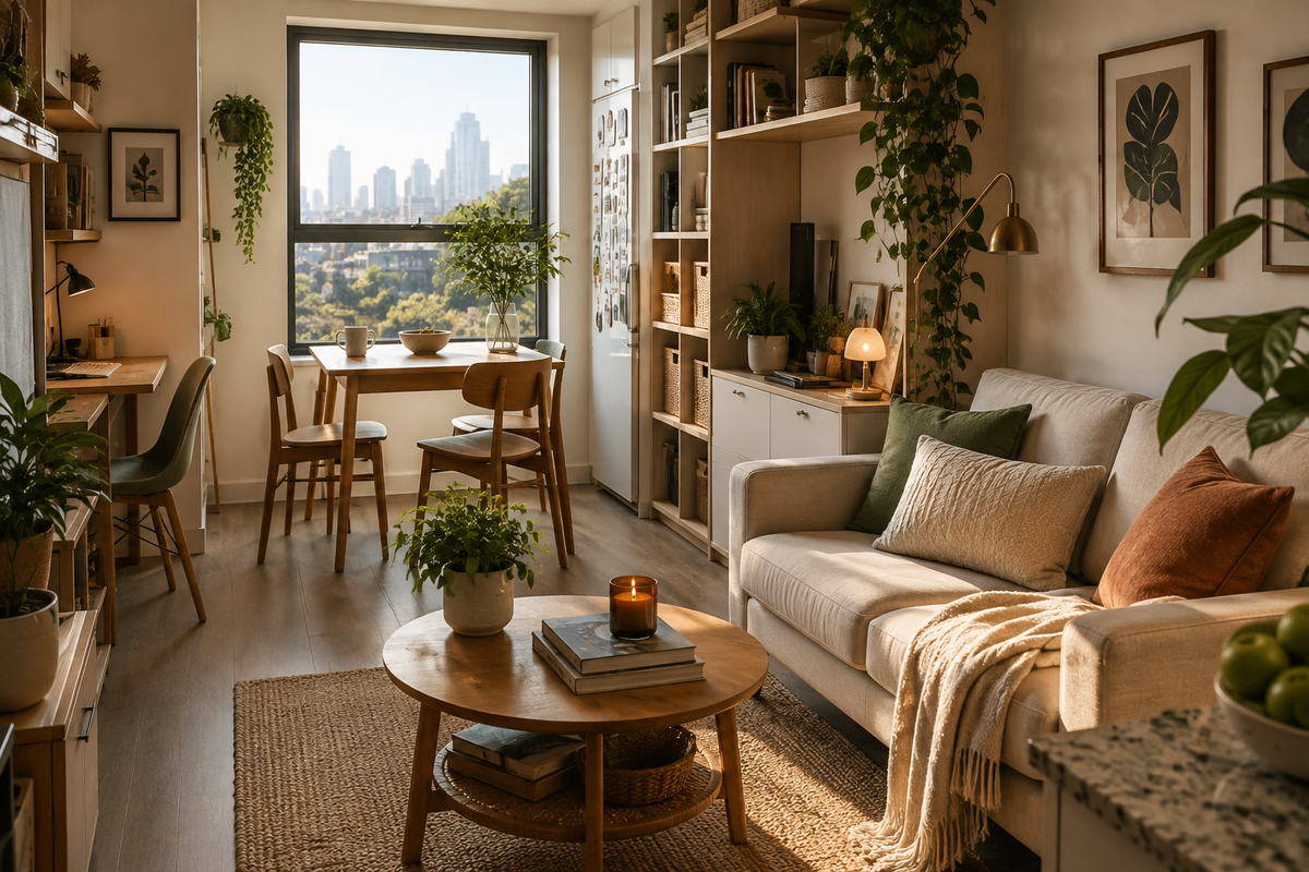 A beautifully styled modern living room featuring a cream-colored sofa with green and terracotta pillows, a round wooden coffee table, a large window with a city skyline view, and warm natural lighting.