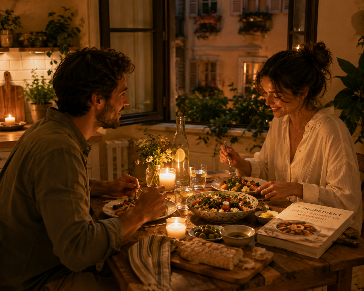 A couple dining together at a rustic table lit by candles, with a cookbook titled 'The Art of Eating' placed on the table in a warm, cozy kitchen setting.