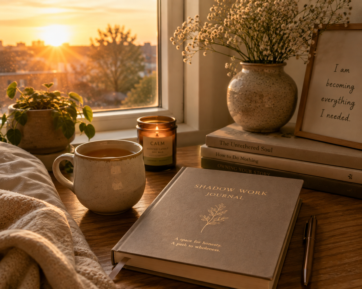 A cozy bedroom or desk scene at sunset with a closed gray hardcover journal titled “Shadow Work Journal” on a wooden surface, alongside a ceramic mug, candle, books, flowers in a vase, and a framed quote. No person is visible, but a real environment is present, so this is Lifestyle rather than Product/Packaging.