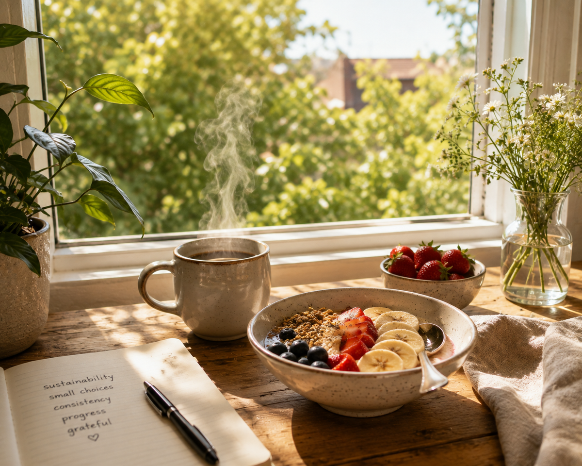 A cozy breakfast scene by a sunlit window with a bowl of fruit and granola, a steaming mug, strawberries in a small dish, and an open notebook on a wooden table. No product brand is visible.