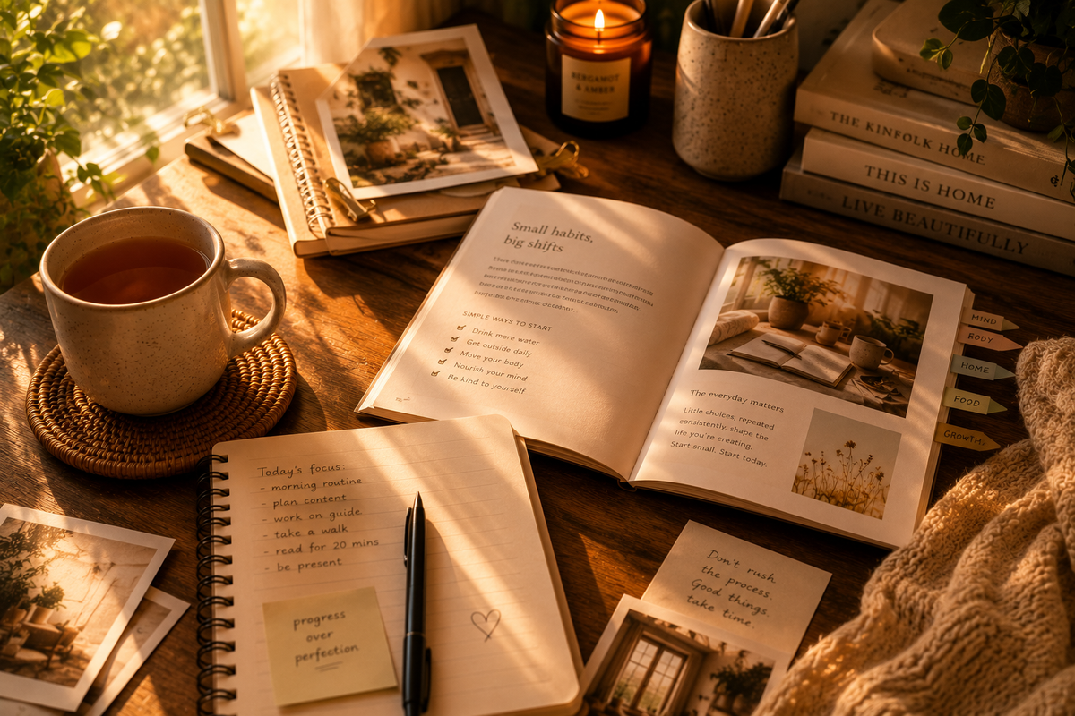 A cozy desk scene with an open journal showing handwritten notes and printed pages, a matching spiral notebook with sticky notes, a cup of tea on a coaster, candles, books, and a knitted blanket in warm sunlight.