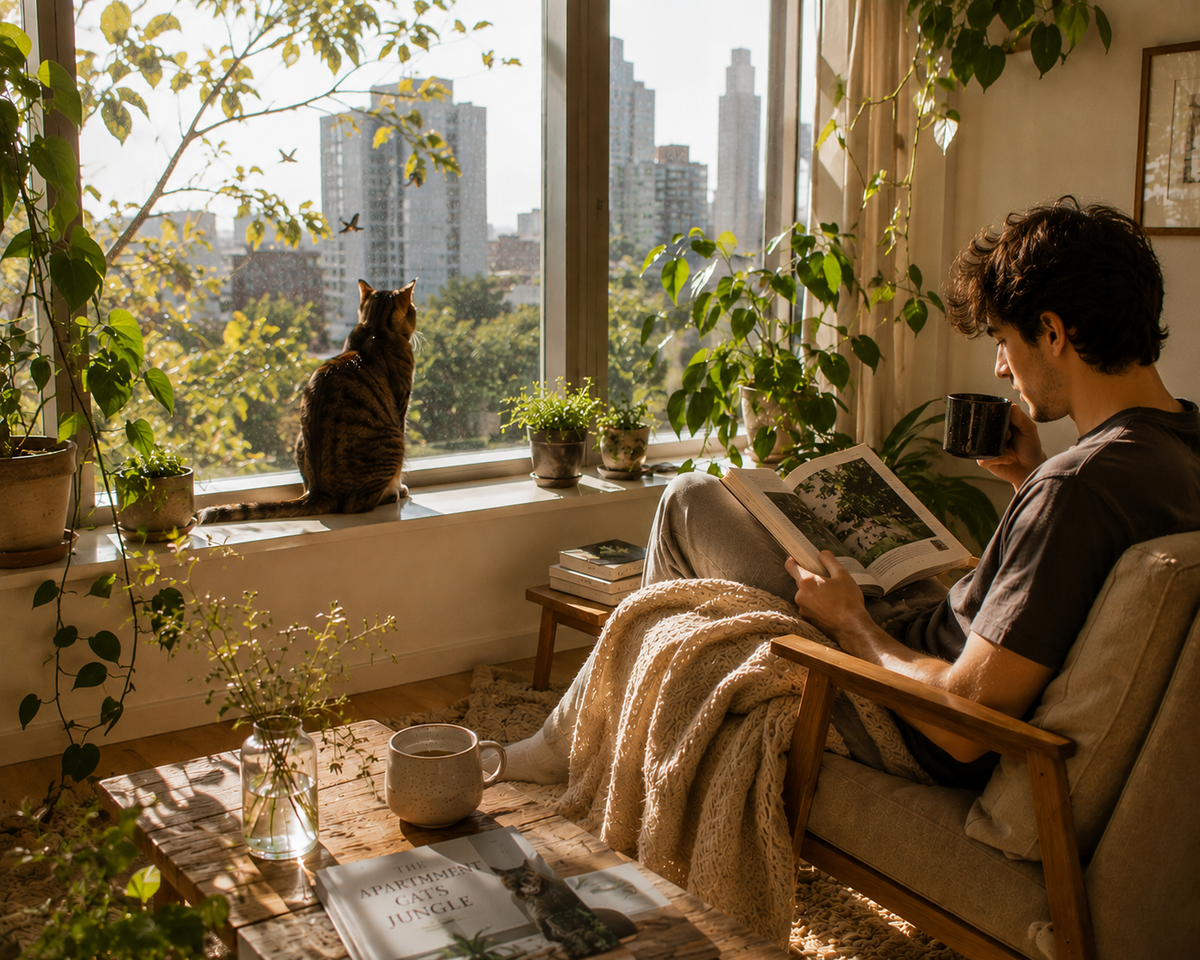 A cozy indoor scene with a man reading a magazine in a sunlit armchair while holding a mug, with a cat sitting on the windowsill. The room is filled with green plants, a city skyline view, and warm natural light.