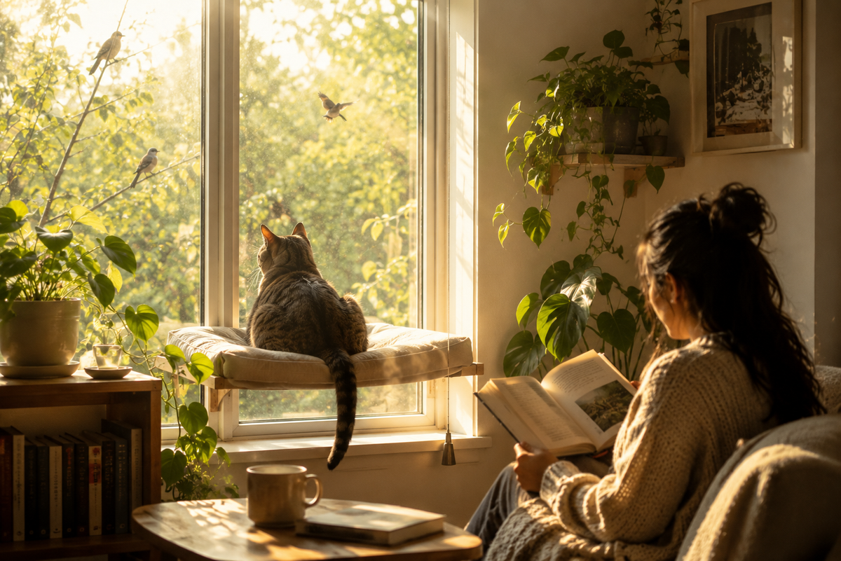 A cozy indoor scene with a woman reading a book while sitting by a sunlit window, and a cat resting on a window perch looking out. The room is filled with plants, warm natural light, and a bookshelf.