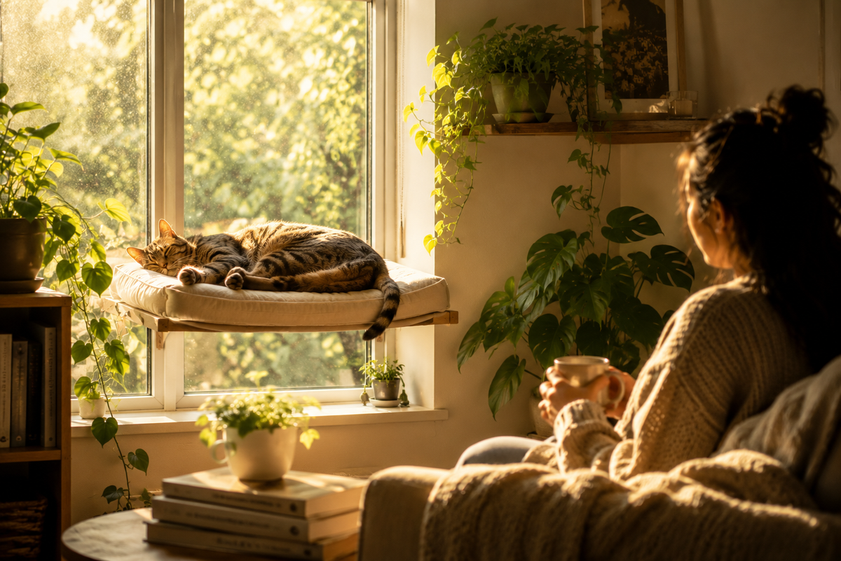 A cozy indoor scene with a woman sitting in a chair by a sunlit window, holding a mug and looking at a sleeping tabby cat resting on a window perch. The room is filled with plants, warm sunlight, and soft shadows.