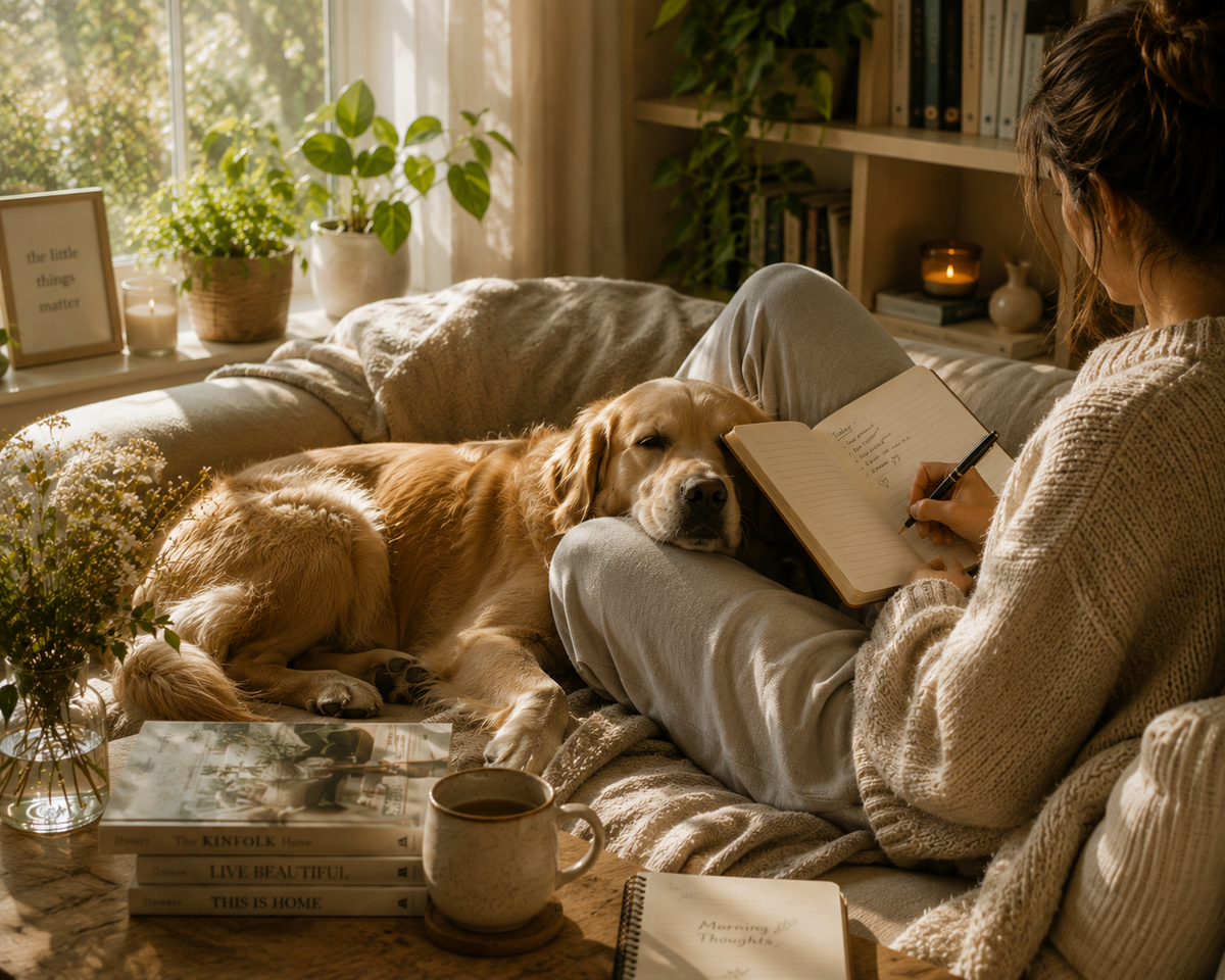 A cozy indoor scene with a woman sitting on a couch reading a notebook while a golden retriever lies beside her. The room is warmly lit by a window, with plants, books, a mug, and framed decor visible.