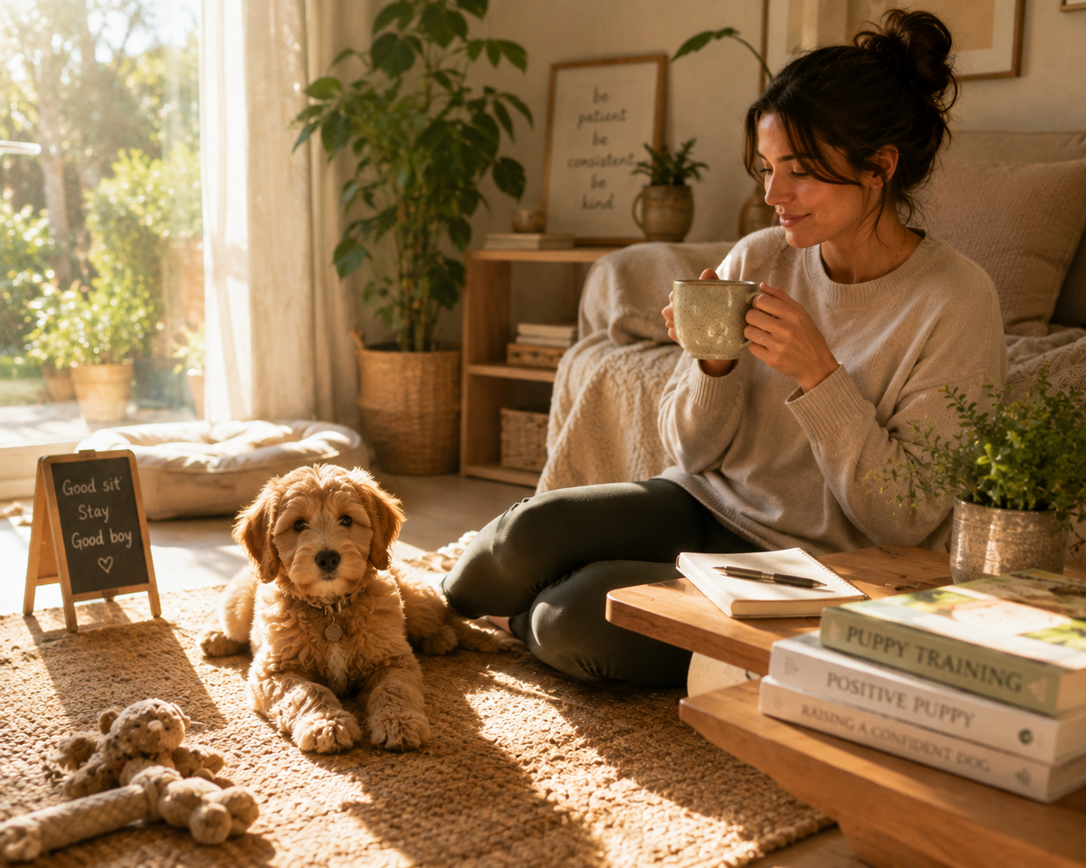A cozy indoor scene with a woman sitting on a rug by a window, holding a mug, with a small golden dog lying beside her. A wooden coffee table with books and a small sign is in the foreground, and plants and furniture fill the room.