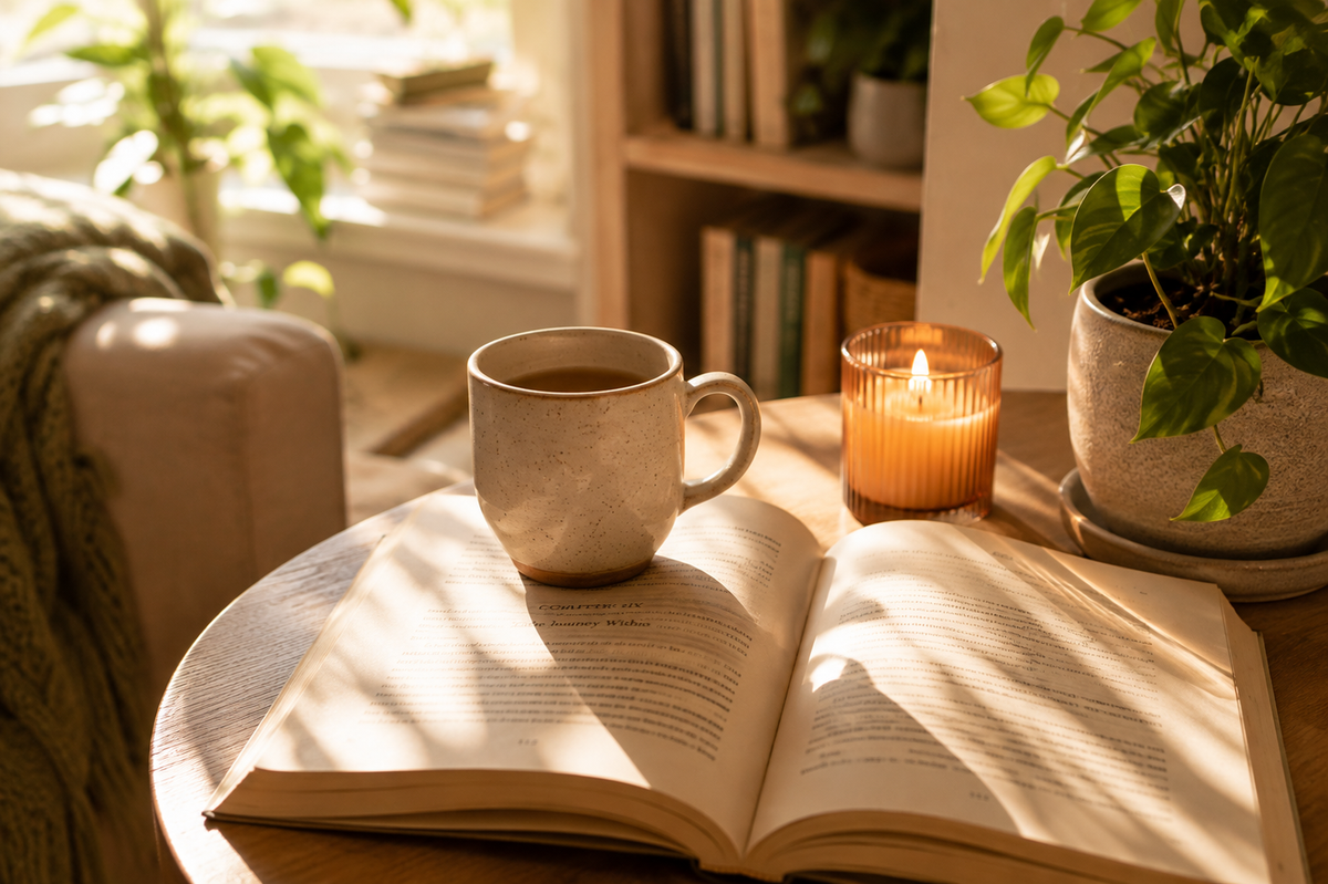 A cozy indoor scene with an open book on a small round table, a ceramic mug filled with a hot drink, a lit candle in a glass holder, and a potted green plant in warm sunlight.