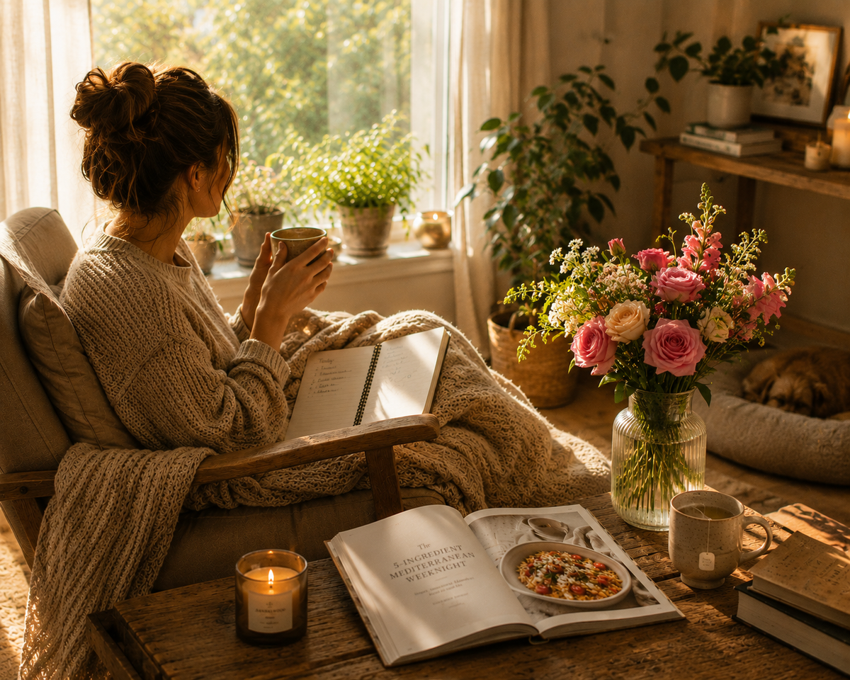 A cozy lifestyle scene in a warmly lit living room. A woman sits in a beige armchair by a window, wrapped in a chunky knit blanket and holding a mug.