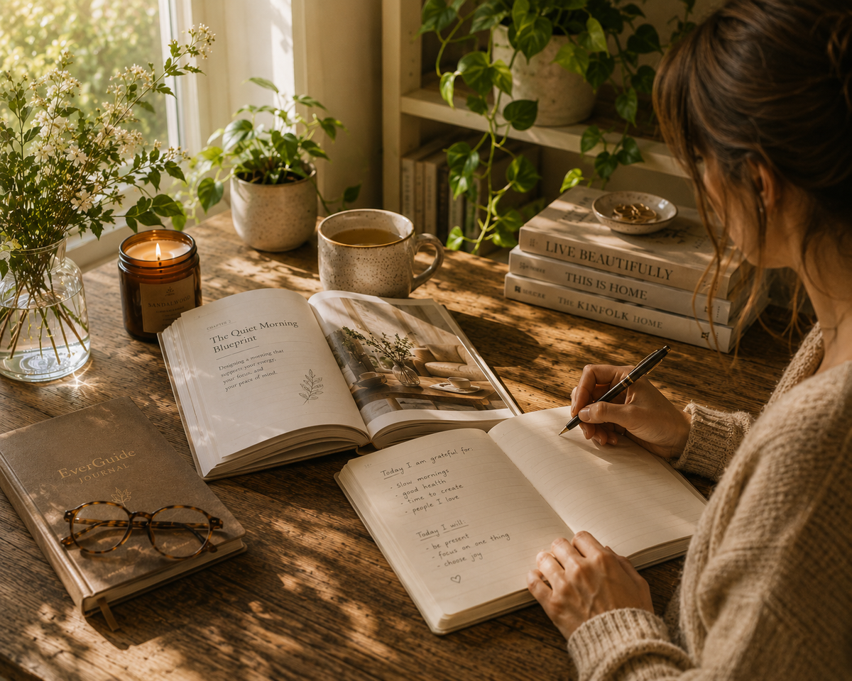 A cozy lifestyle scene of a woman writing in a journal on a wooden table, surrounded by books, a candle, and plants in warm natural sunlight.
