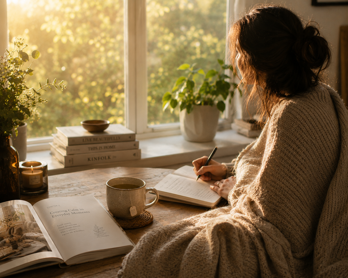A cozy lifestyle scene showing a woman in a chunky knit beige sweater sitting by a warm window, writing in a notebook. An open book, a mug, and stacked books are on the table in front of her, with a potted plant and sunlit greenery outside the window.