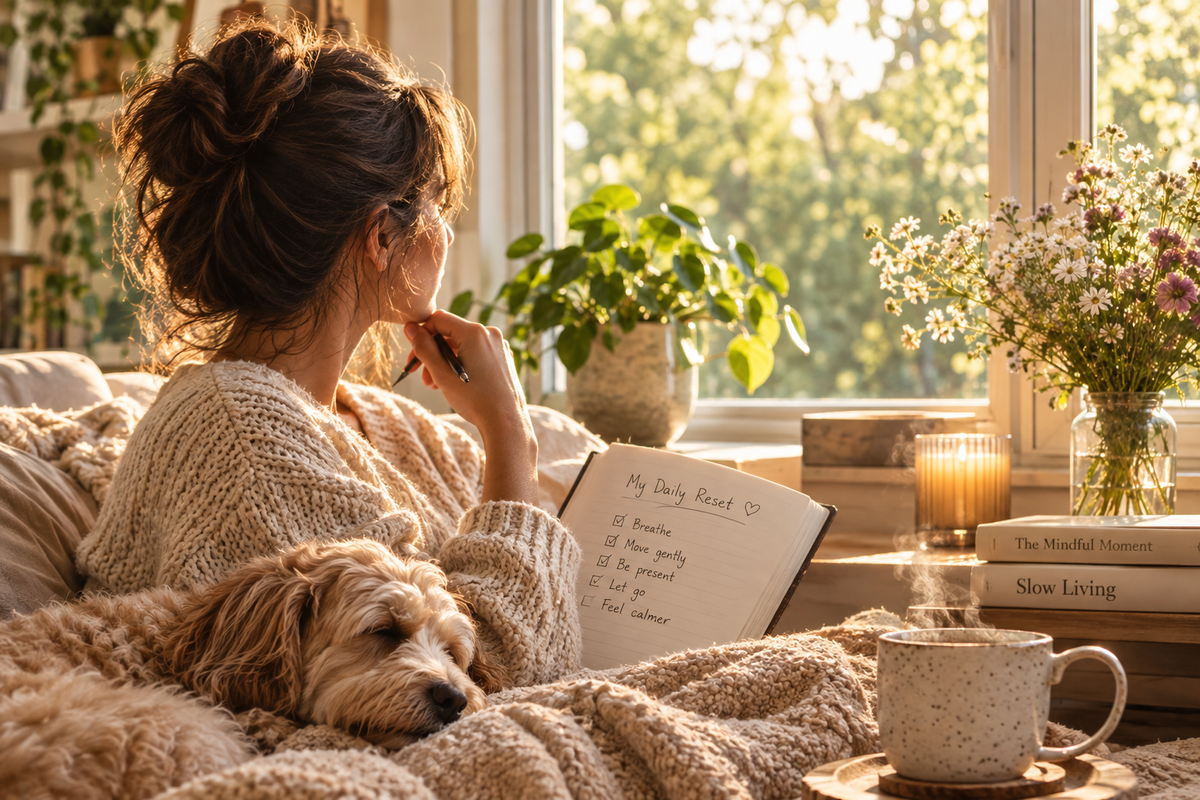 A cozy lifestyle scene showing a woman in a chunky knit sweater lying in a bed with a dog, reading a journal by a warm window. The scene is decorated with a mug, flowers, and candles, bathed in golden sunlight.