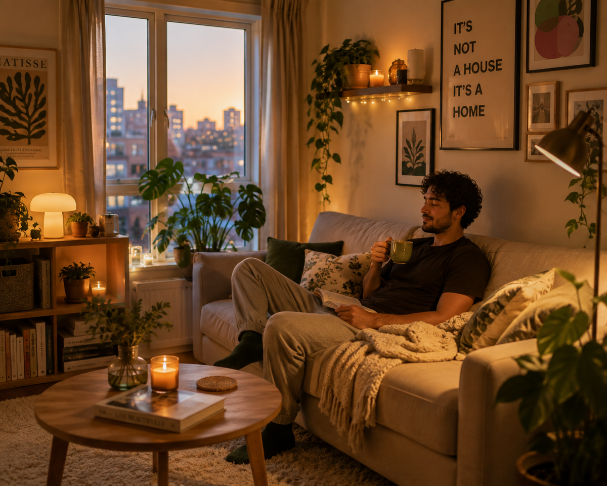 A cozy living room scene at dusk with a man reclining on a beige sofa, holding a mug and wrapped in a throw blanket. The room is warmly lit by candles and wall lights, with plants, framed art, a round coffee table, and a city view outside the window.