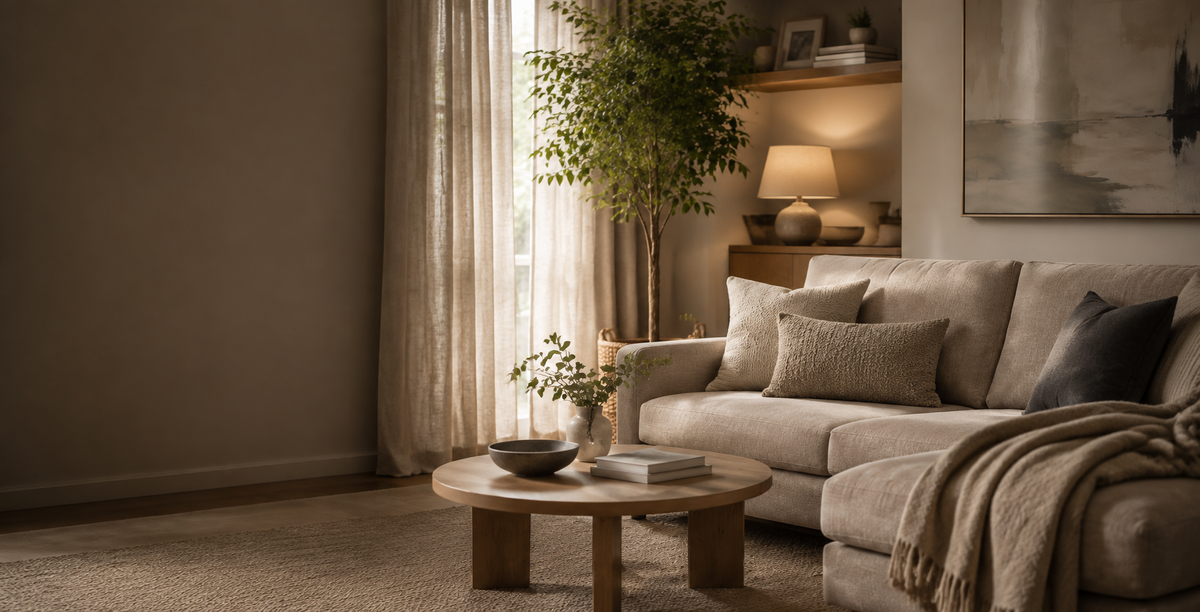 A cozy living room scene featuring a light beige sectional sofa with matching throw pillows and a textured throw blanket, styled with a round wooden coffee table, a potted tree, and warm ambient lighting.