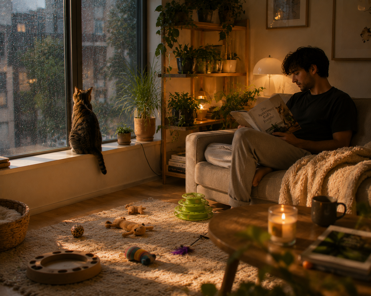 A cozy living room scene with a man sitting on a couch reading a book while a cat sits on the windowsill looking out. The room is warmly lit by a window, with shelves of plants, a lamp, toys on a rug, and a coffee table in the foreground.