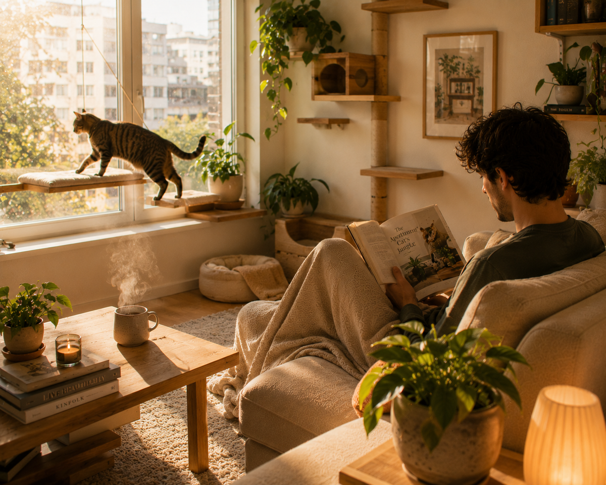 A cozy living room scene with a person sitting on a sofa reading a book, warm sunlight streaming through a window, and a cat walking along a window sill. The room is decorated with potted plants, shelves, and a coffee table.