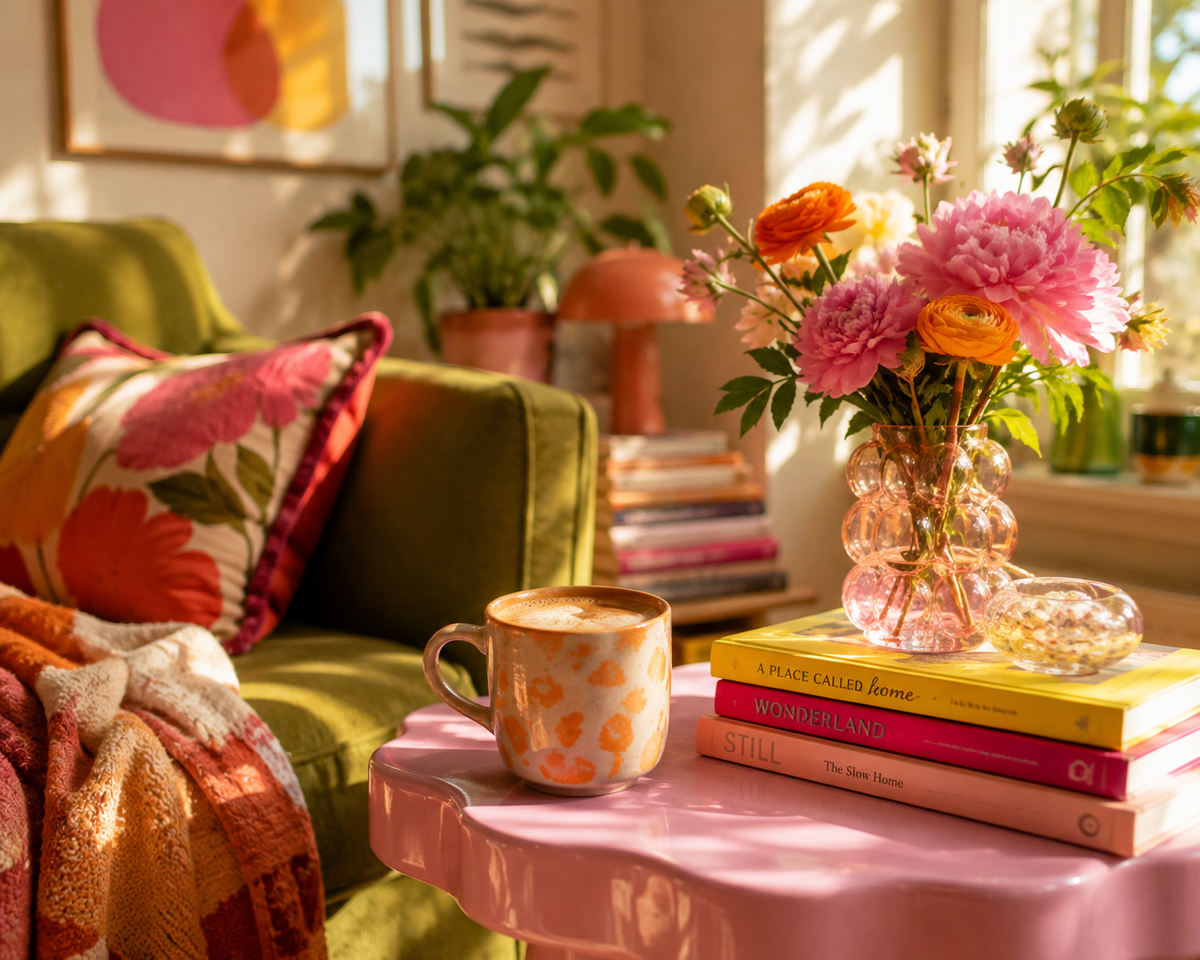 A cozy living room scene with a pink side table holding a patterned mug, a stack of books, and a clear glass vase filled with pink and orange flowers. An olive green sofa with a floral pillow and blanket is visible in the background, along with warm sunlight and framed wall art.