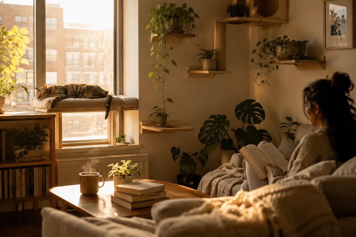 A cozy living room scene with a woman sitting on a couch and reading, surrounded by potted plants, wooden shelves, a coffee table with books and a mug, and a cat resting on a windowsill in warm golden sunlight.