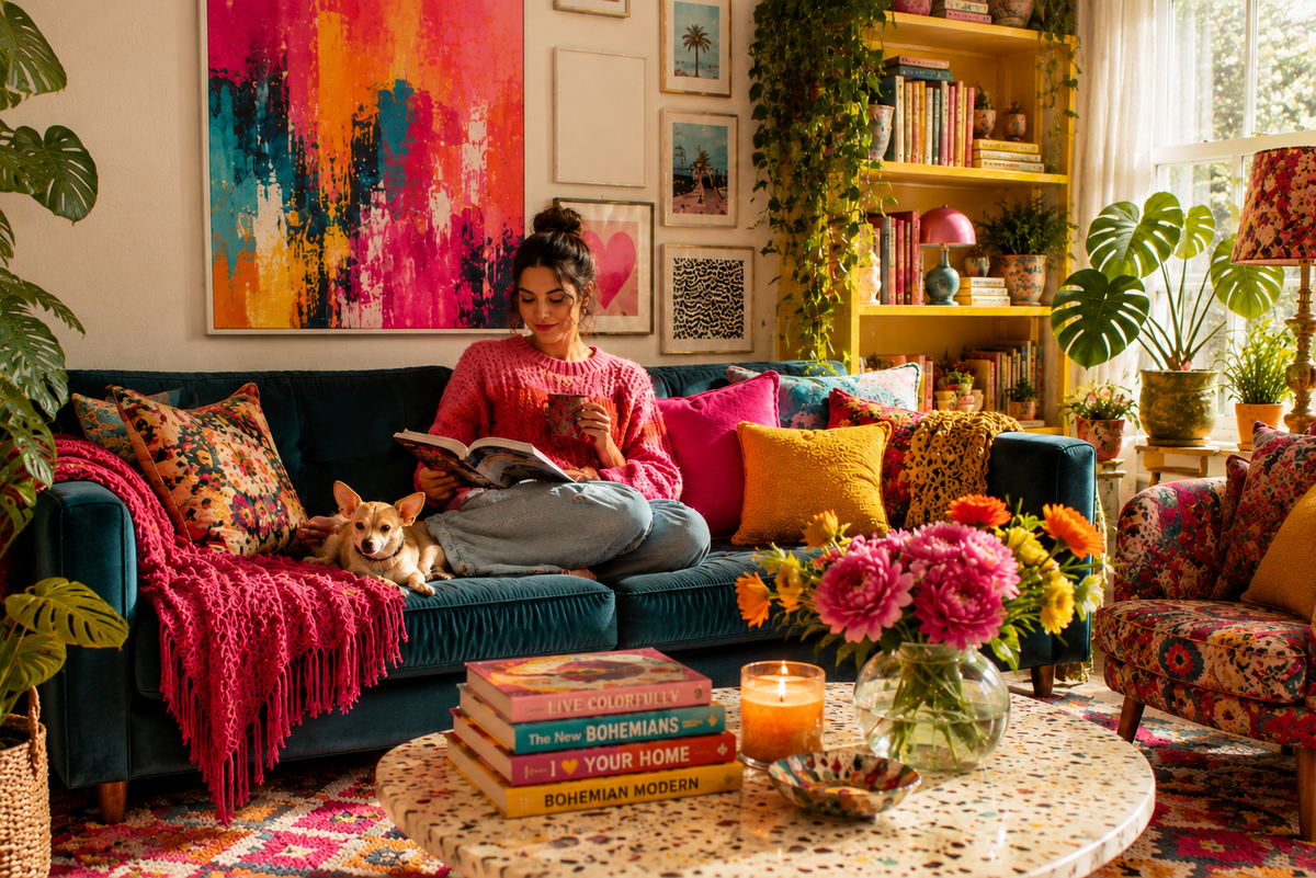 A cozy living room scene with a woman sitting on a teal sofa reading a book, with a small dog beside her. The room is decorated with colorful artwork, plants, patterned pillows, a floral armchair, and a round coffee table in the foreground.