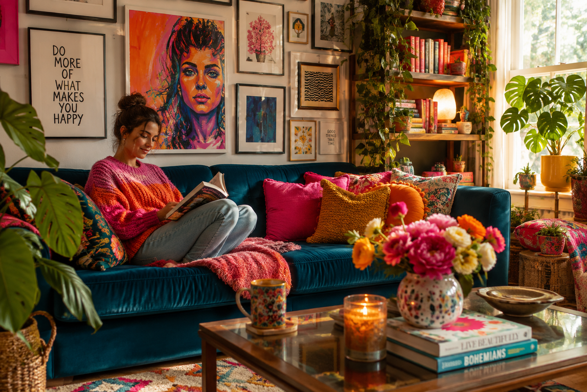 A cozy living room scene with a woman sitting on a teal velvet sofa reading a book. The room is decorated with colorful pillows, framed wall art, a bookshelf, plants, and a glass coffee table with flowers and candles.