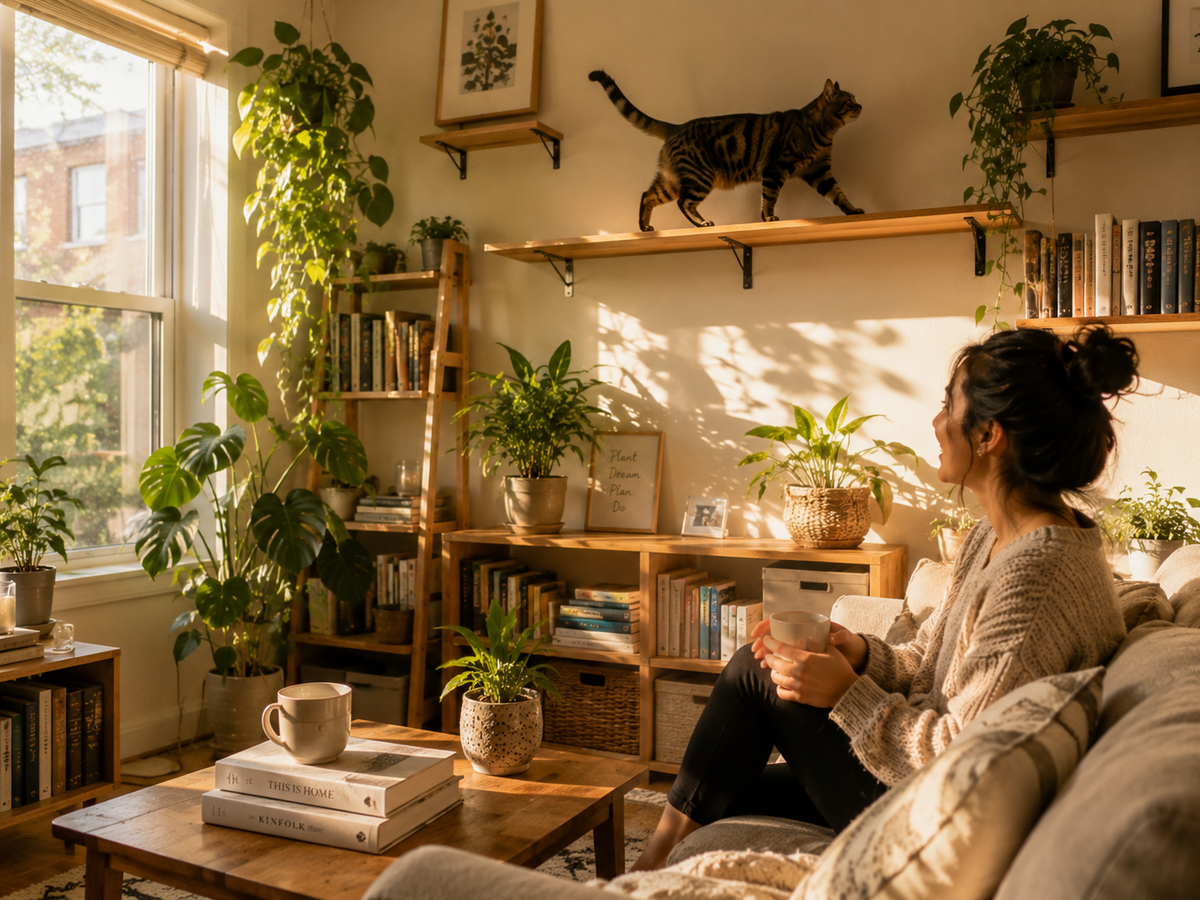A cozy, sunlit living room scene with a woman sitting on a couch reading, surrounded by numerous potted plants, wooden bookshelves filled with books, and a tabby cat walking along a high shelf. Warm natural light streams in from a window on the left.