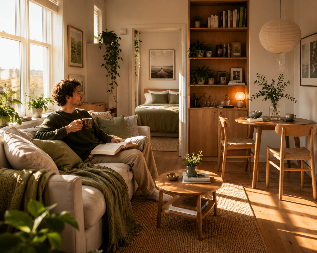 A cozy, sunlit living room with a man sitting on a light beige sofa, reading a book and holding a mug. The room features warm wood furniture, a woven jute rug, a built-in wooden bookshelf, and soft natural light streaming through large windows.