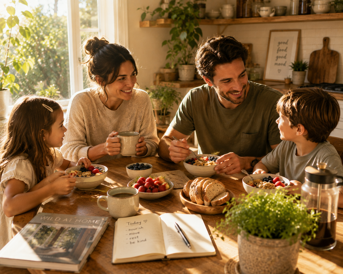 A family of four shares a joyful breakfast meal together at a wooden dining table in a warm, sunlit kitchen. The mother holds a mug while the father and children eat from bowls on the table, which also contains fresh berries, bread, and an open notebook with a pen.