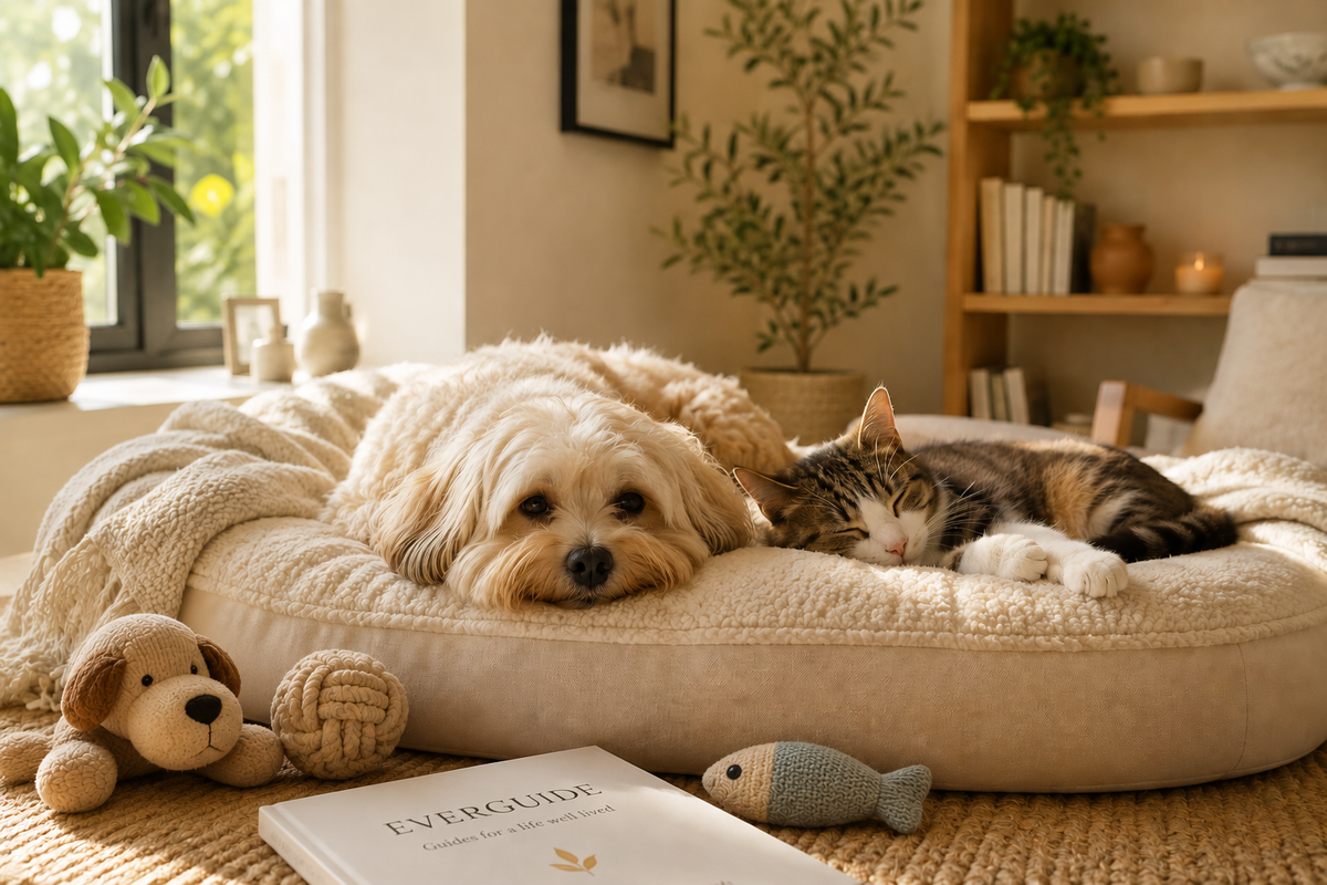 A fluffy cream-colored dog and a tabby-and-white cat rest together on a round beige pet bed in a warm, sunlit room. The bed is styled with a throw blanket, toys, and a book in the foreground, with shelves and plants in the background.