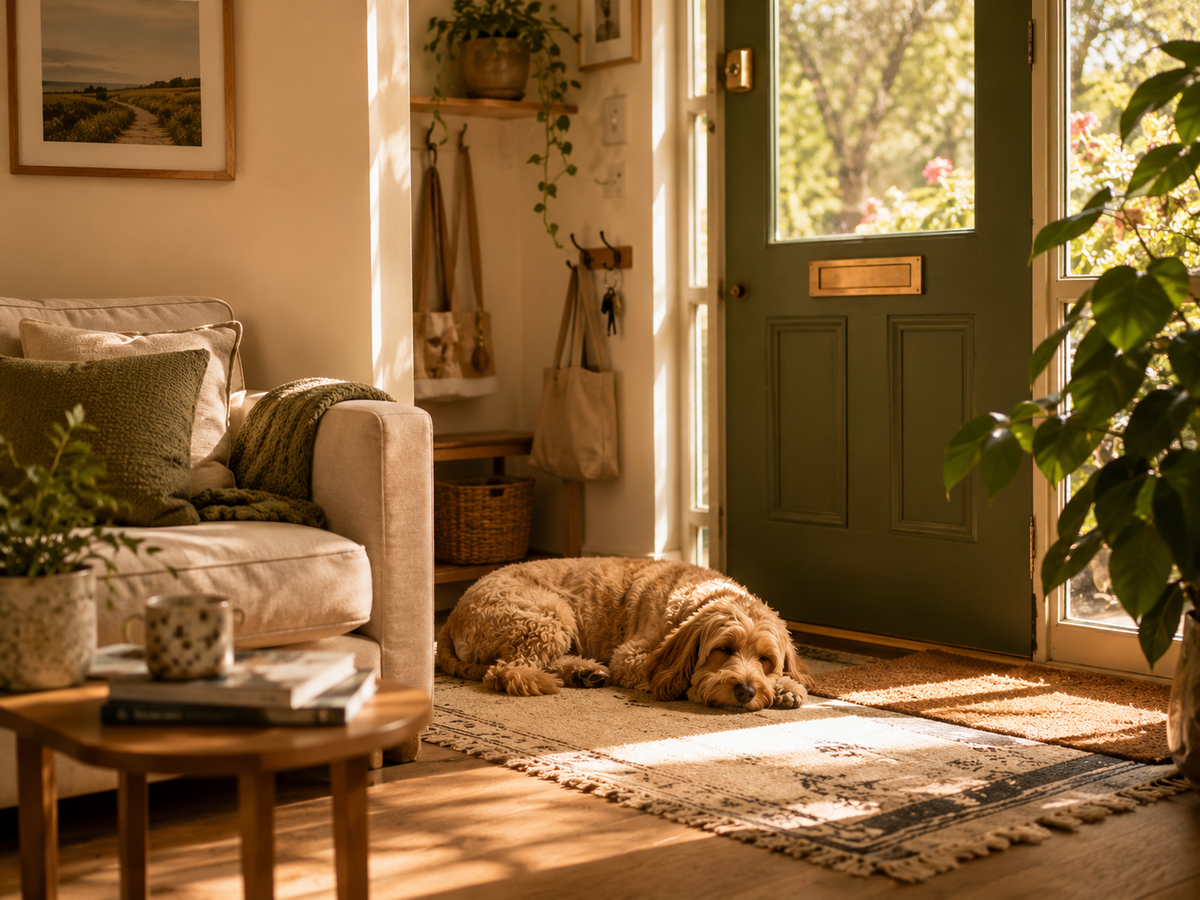 A golden dog lies resting on a patterned rug in a sunlit entryway with a green door, sofa, plants, and warm natural light.