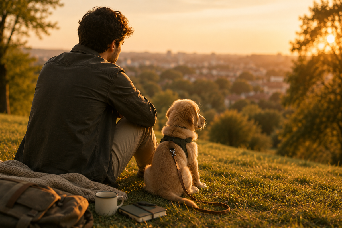A young man relaxing with his puppy on a grassy hillside at sunset, sharing a peaceful moment before an evening walk.