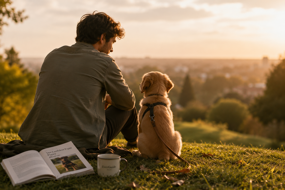 A man and a golden retriever dog sit on a grassy hill at sunset, facing a distant city skyline. An open book and a white mug labeled 'Peanut' are placed on the grass in the foreground.
