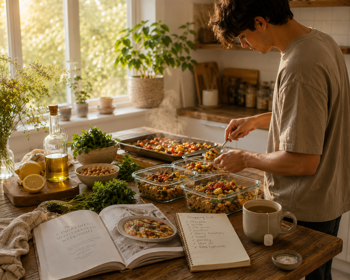 A man in a beige t-shirt is preparing food in a warm, sunlit kitchen, serving colorful salad ingredients from glass containers onto a tray. An open cookbook and a notebook with a recipe list are on the wooden table in the foreground, surrounded by fresh herbs, a bottle of oil, and lemons.