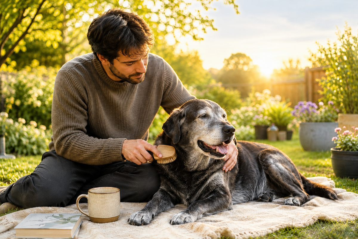 A man in a brown sweater kneels on a blanket in a sunny garden, brushing a large black and gray dog. A mug and book sit nearby on the blanket, with flowers and greenery in the background.