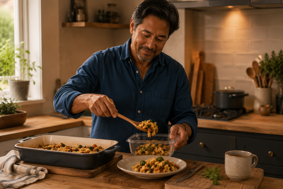 A man in a blue button-down shirt serves food from a baking dish onto a plate in a warm, modern kitchen setting.