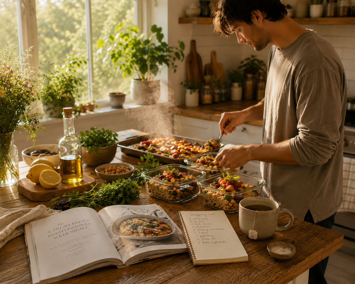 A man in a kitchen preparing food at a wooden table, with an open cookbook and a recipe notebook in the foreground, surrounded by fresh ingredients, herbs, and dishes.