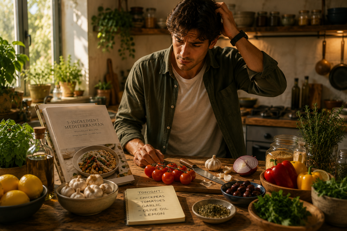 A man in a rustic kitchen stands behind a wooden counter cluttered with cooking ingredients and recipe books, looking stressed while holding his head. Visible items include fresh tomatoes, garlic, herbs, olive oil, and cookbooks titled 'The Ingredient Adventure Cookbook' and 'Tomato Sauce Recipe Book'.