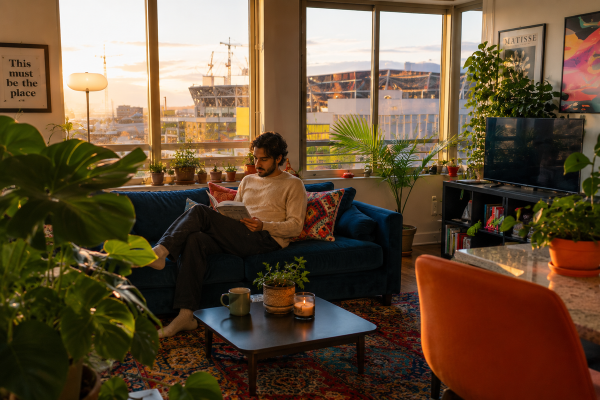 A man relaxes on a blue sofa in a cozy, sunlit living room, reading a book. The room features large windows with a city skyline at sunset, numerous potted plants, a dark coffee table, and an orange accent chair.