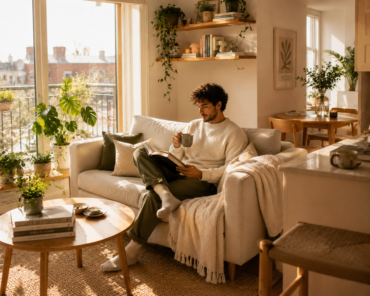 A man relaxes on a cream sofa in a sunlit, cozy living room, holding a mug and reading a book. The room features warm neutral tones, wooden furniture, potted plants, and large windows.