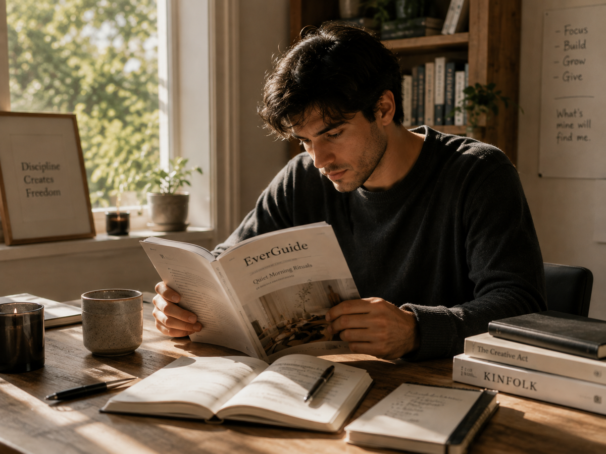 A man sits at a wooden desk in a sunlit room, reading a book titled EverGuide. Open books, a notebook, a pen, and a mug are on the desk, with a window, bookshelves, and framed wall art in the background.