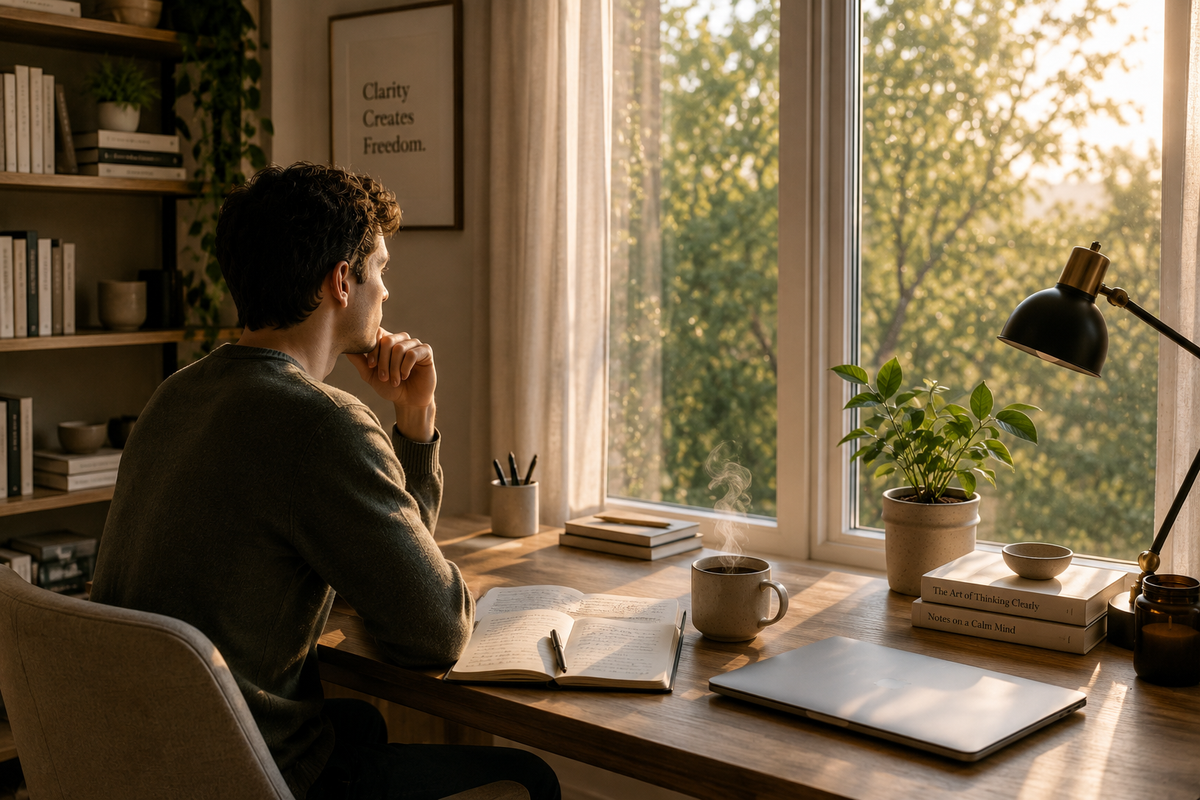 A man sits at a wooden desk in a warm, sunlit home office, looking out a large window at green trees. The desk has a laptop, an open notebook, a mug, books, a small plant, and a black desk lamp.