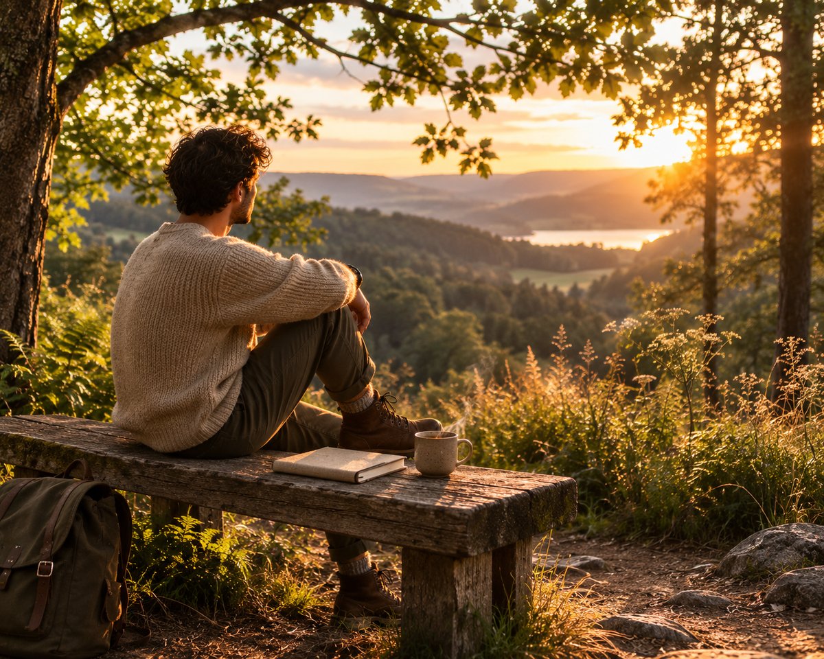 A man sits on a rustic wooden bench outdoors at sunset, facing a scenic valley and lake. A book and mug rest on the bench beside him, with trees, grass, and a backpack visible in the scene.