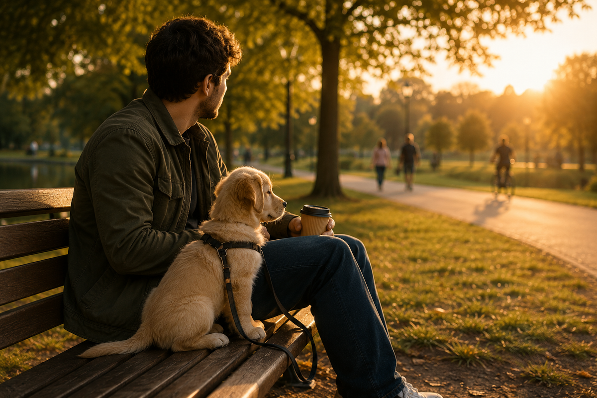 A man sitting on a wooden park bench with a light-colored Labrador retriever puppy, holding a coffee cup in a sunny park at sunset.