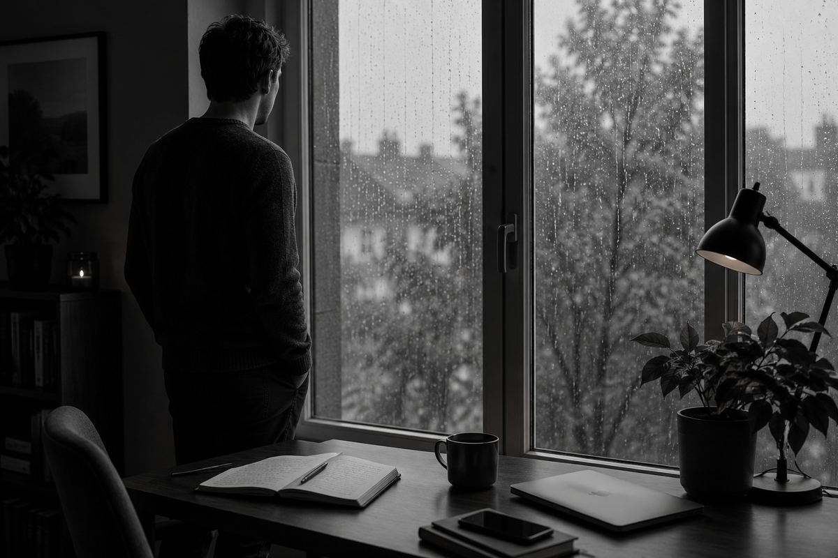 A man stands with his back to the camera, looking out a rain-slicked window at a cityscape. In the foreground, a desk holds an open notebook, a mug, a smartphone, a closed laptop, and a lit desk lamp next to a potted plant.