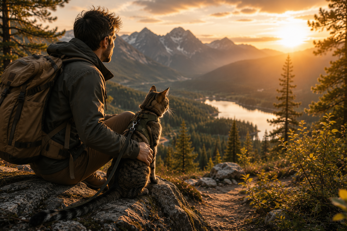 A man with a large brown hiking backpack sits on a rocky mountain path at sunset, looking out over a lake and snow-capped mountains while a cat sits beside him.