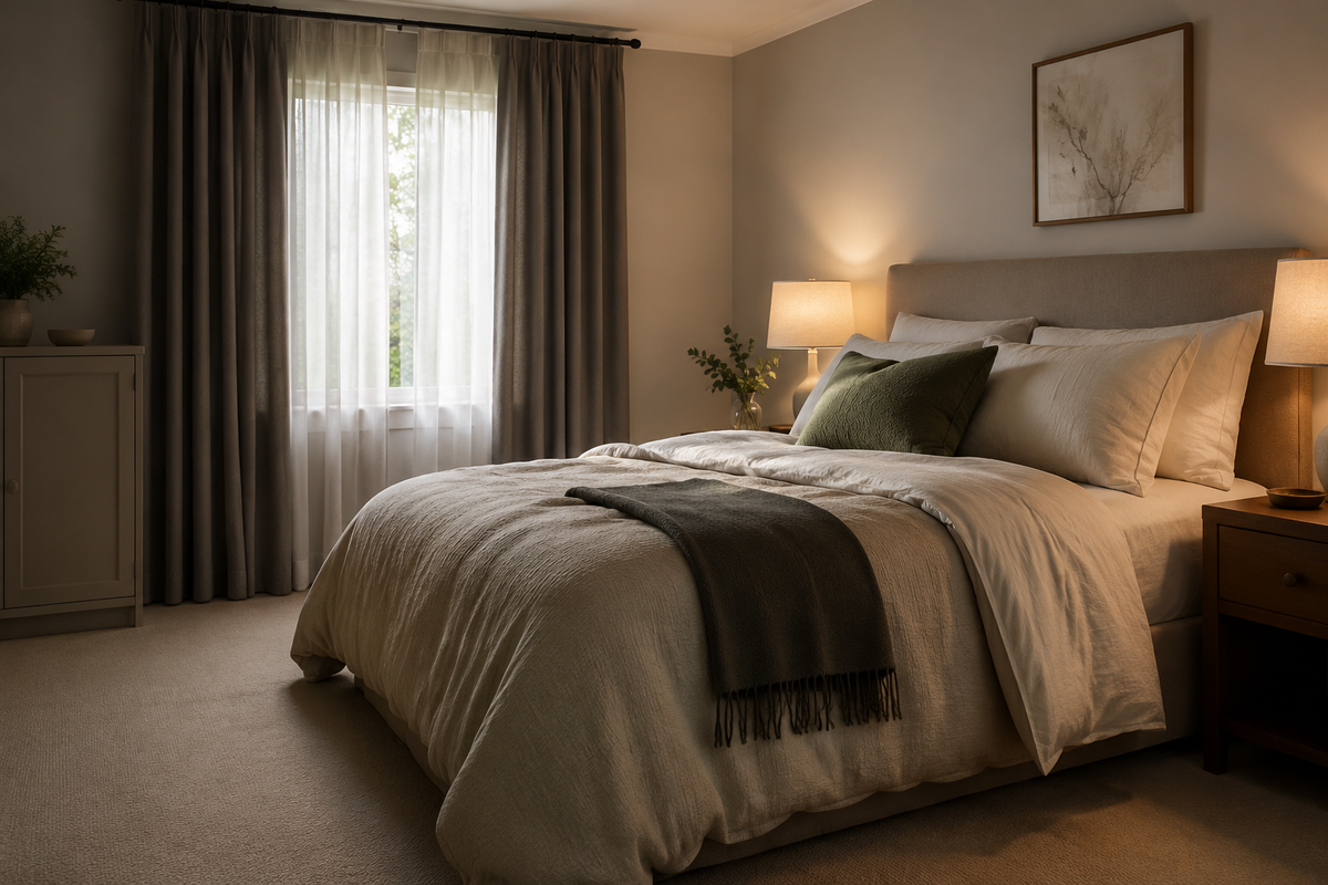 A styled bedroom interior featuring a neatly made bed with cream bedding, a dark green accent pillow, and a dark throw blanket, set against warm neutral walls with a window, curtains, and bedside lamps.